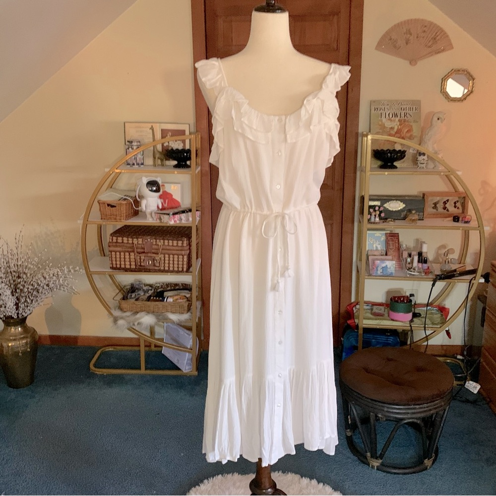 Sofia Vergara Flutter Sleeve MIDI Dress Womens Size L White Button Front NEW